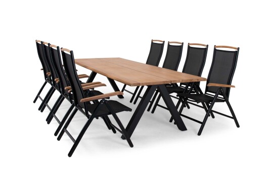 Sunzo Long Island & Nice spisegruppe Svart/teak 8 positionsstolar & bord 280 x 100 cm