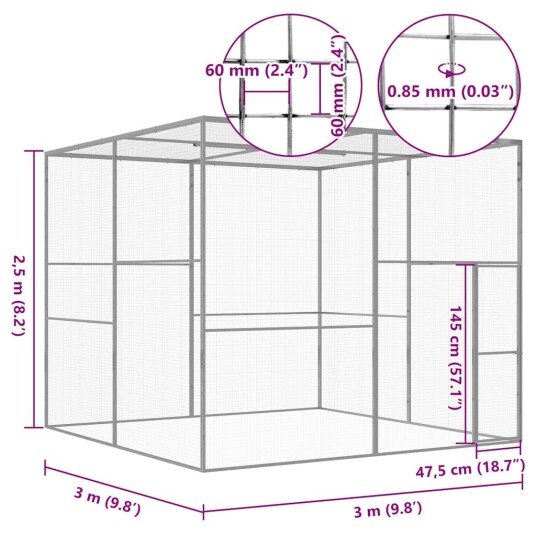 Vidaxl Kattegård 3X3X2.5 M Galvanisert Stål