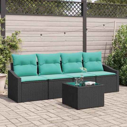 vidaXL Sofa sett med pute med pute 5 pcs Svart og tyrkis polyrotting