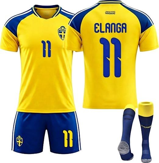 2026 World Cup Sverige Hjemmedrakt Kortarmet Trøye Shorts Sokker Nr. 11 ELANGA Størrelse M