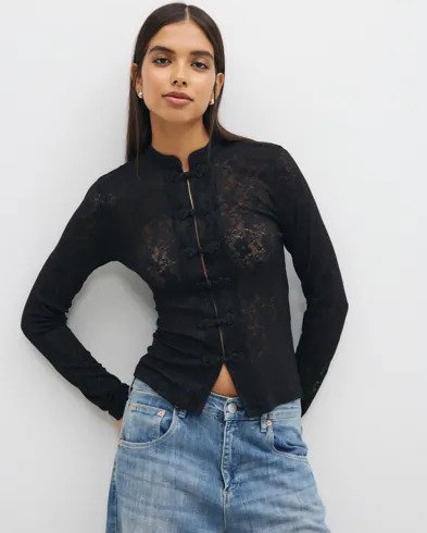 Nelly Svart Decor Button Lace LS Top