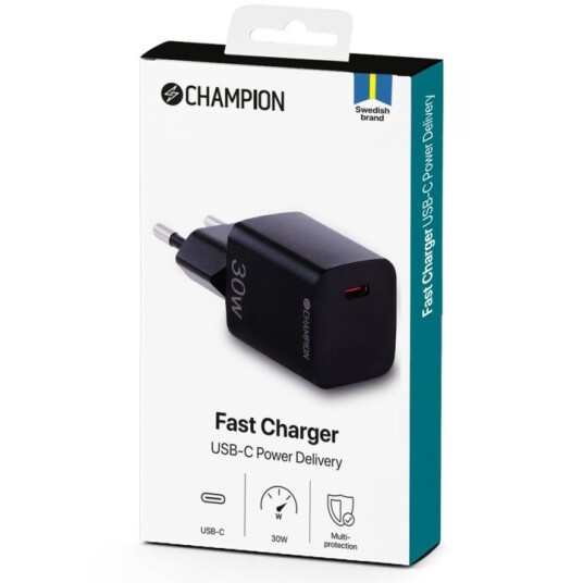 Champion 30W PD USB-C Hurtiglader Sort med Sikkerhetsfunksjoner