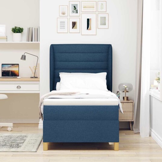 Box Spring Seng med Madrass Blå 90x200 cm Stoff