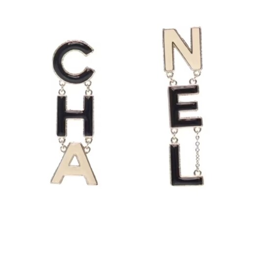 Pre-owned Chanel Brass Enamel Cha-Nel Logo Drop Push Back Earrings Black