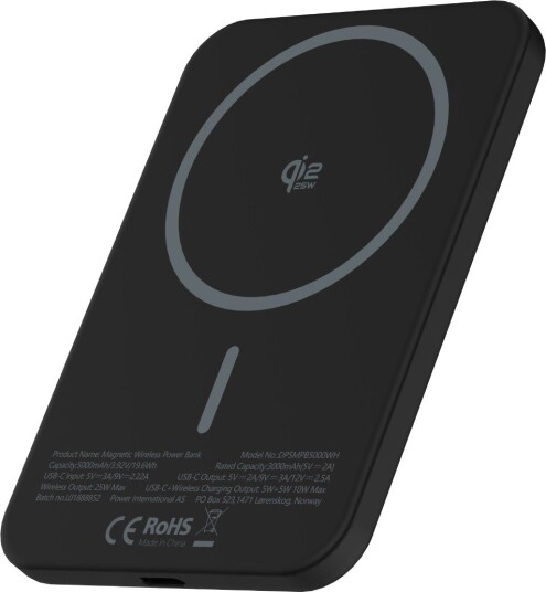 Dacota Platinum ultraslank magnetisk powerbank 5000 mAh Qi2 25 W, svart