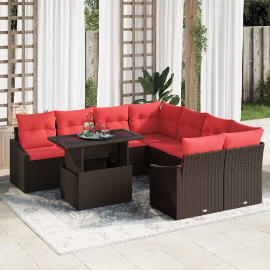 vidaXL Hagesofa Set 9 stk. Brun og rød polyrotting