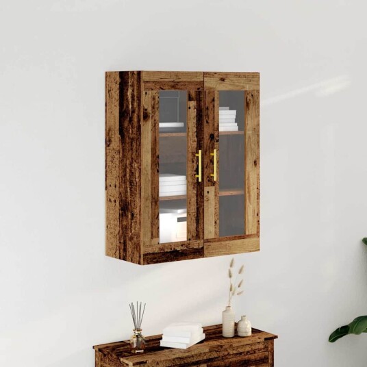 Vegghengt skap med glassdører gammelt tre 69,5x34x90 cm