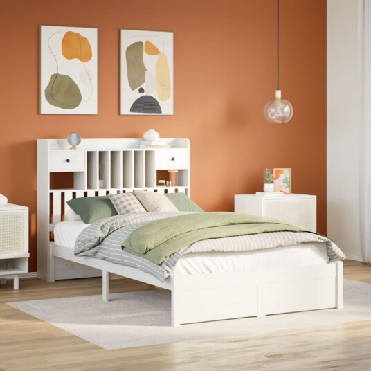 Seng med bokhylle uten madrass hvit 135x190 cm heltre furu 8721158611970