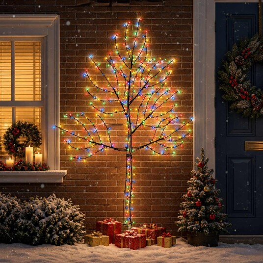 vidaXL Vegghengt LED-juletre 210 cm 312 LED-lys Flerfarget Stål Svart