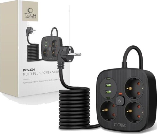 Tech-Protect PCS3X4 strømskinne 3 stikkontakter 2xUSB-A 2xUSB-C 200 cm svart