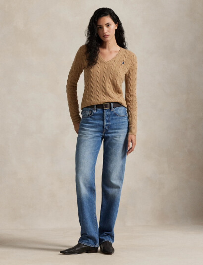 Polo Ralph Lauren Cable Knit Wool Cashmere V Neck Sweater   Brown   XS