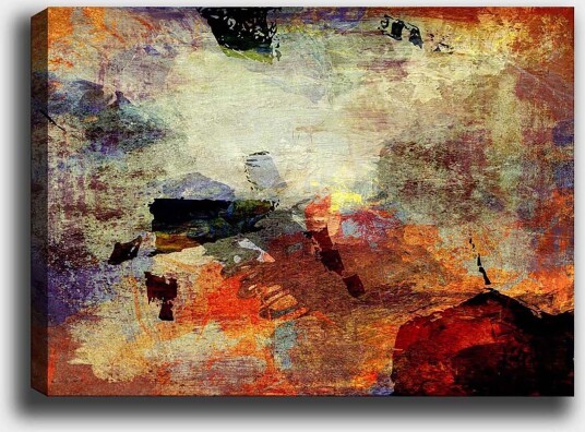 Lerretsbilde 70x100 cm Abstrakt komposisjon med dynamiske fargefelt som skaper en følelse av bevegelse og dybde Rød / Oransje / Grønn
