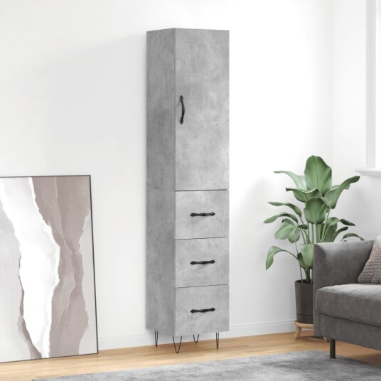 Highboard betonggrå 34,5x34x180 cm konstruert tre