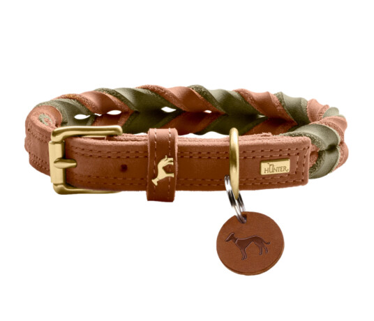 Dog Collar Solid Education Duo Cow Leather Cognac/Olive Green M 55cm