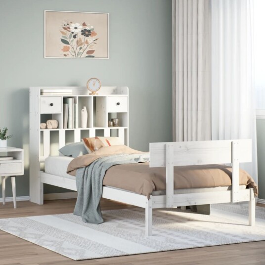  Seng med bokhylle uten madrass hvit 75x190 cm heltre furu 8721158606068