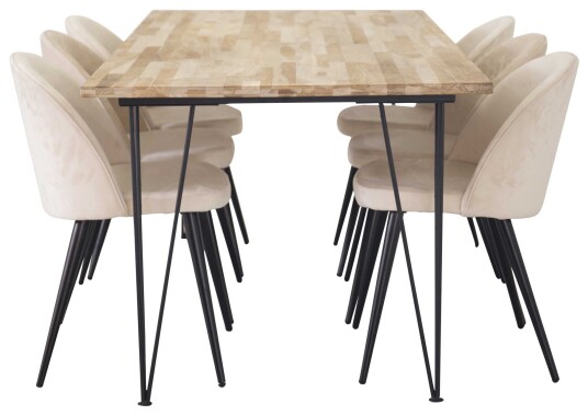 Venture Design Bali & Velvet spisegruppe Natur/svart 6 st stoler & bord 200 x 90 cm