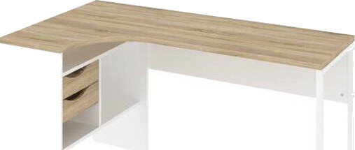 Plus hjørneskrivebord med 3 hyller og 2 skuffer. Hvit og eik struktur.