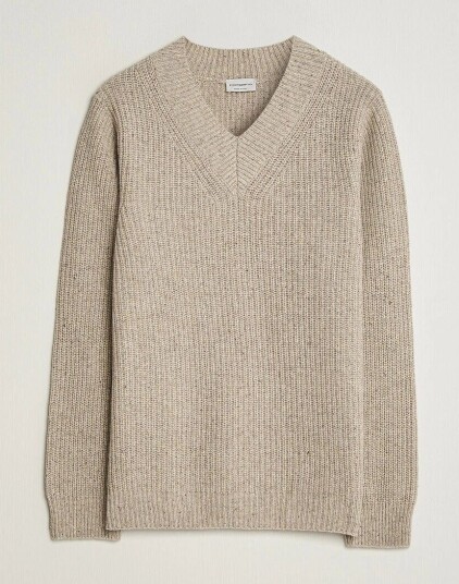 Morgano Fisherman Ribb Donegal Knitted V Neck Beige
