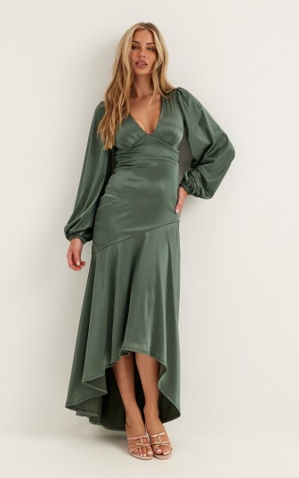 Goddiva Satin Balloon Sleeve High Low