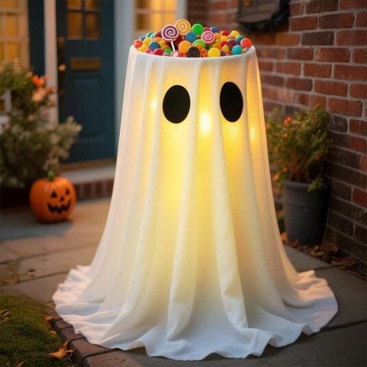 Halloween Spøkelsesdekorasjon med Godteriskål, LED-lys og Fjernkontroll