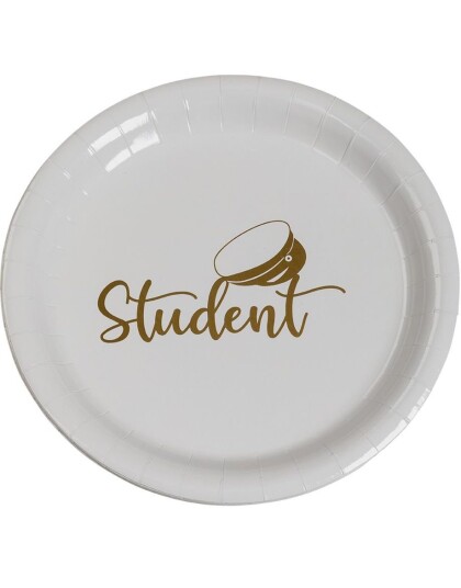 8 stk Hvite Papptallerkener med gulltrykk av "Studenten" 23 cm 8 stk Hvite Papptallerkener med gulltrykk av "Studenten" 23 cm