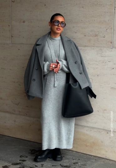 BUBBLEROOM Round Neck Rib Knitted Midi Dress Grey melange 4XL