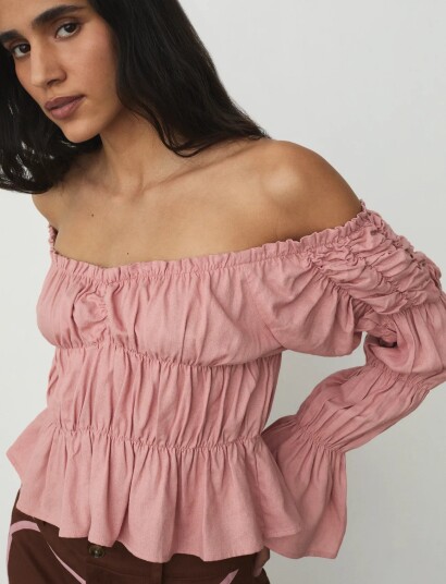 Laagam Sadie Pink Linen Ruched Blouse - Pink - L/40