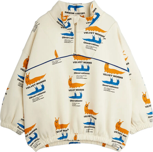 Mini Rodini Velvet Worms Aop Half Zip Sweatshirt Cream 128/134