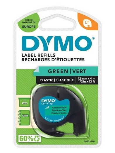 DYMO Letratag plasttape, sort på grønn, 12mm x 4m rull, selvklebende DYMO Letratag plasttape, sort på grønn, 12mm x 4m rull, selvklebende