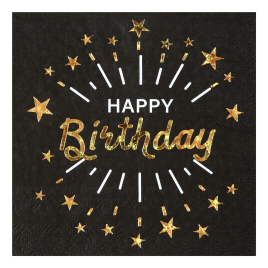 Santex Servietter Sparkling Happy Birthday Svart/Gull - 10-pakning