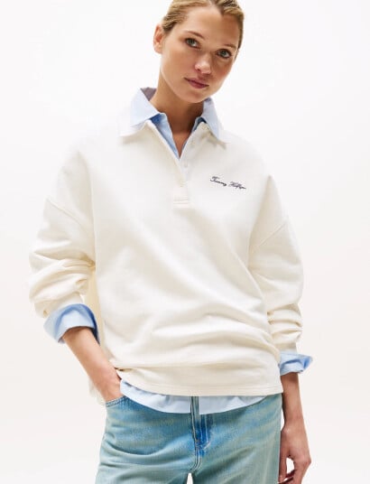 Tommy Hilfiger Script Pique Rugby Swtshrt - White - L