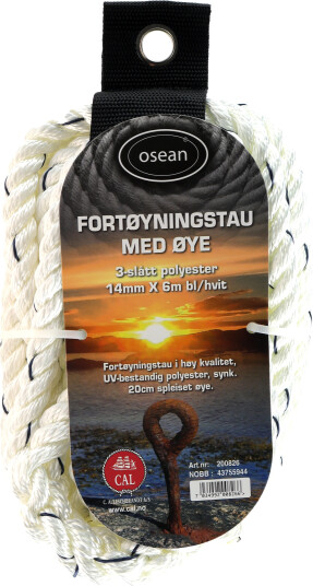 Fortøyningstau m/øye - Hvit / Blå - 14 mm - 6m - 3-Slått