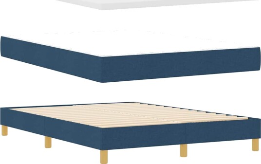 Blå stoff boxpring seng med madrass 160x200 cm