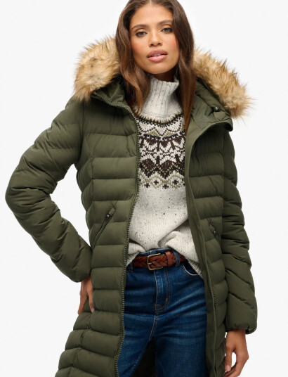Superdry Fuji Faux Fur Hooded Longline - Green - XS
