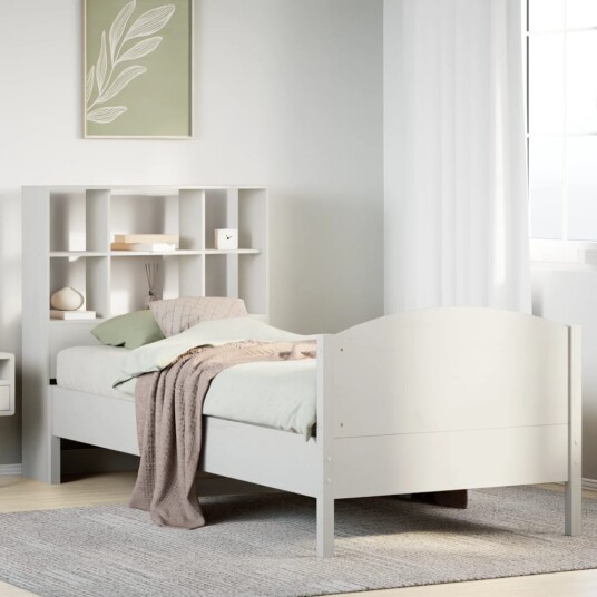 Seng med bokhylle uten madrass hvit 100x200 cm heltre furu 8721158619075
