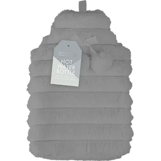 Varmedunk med faux fur-trekk og søte pomponer  1,7 liter GRÅ