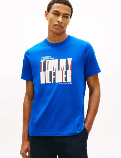 Tommy Hilfiger Split Colour Graphic Tee   Blue   L