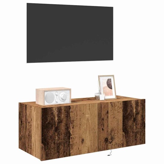  TV Veggskap med LED lys i gammelt tre 80x35x31 cm