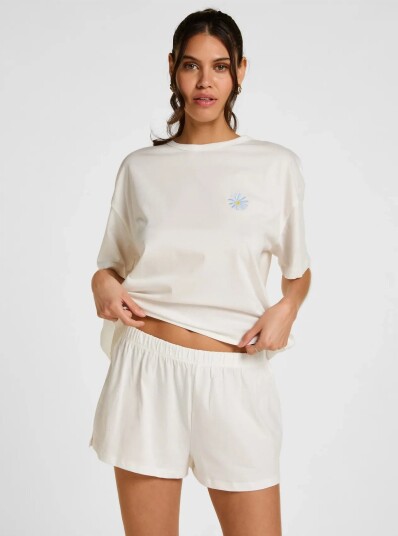 Hunkemöller Pj Ss Short Co Embroiderie Cream XS