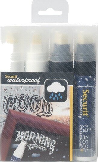 Securit Waterproof Glass + Chalkboard Markers Large Nib Wallet 4 Pack 2 White/2 Black Sma820 V4 Bw Svart Hvit Blokk Luktfri 4 Stykker