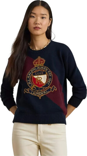 Lauren Ralph Lauren Color-Blocked Crest Cotton Sweater - Navy - S