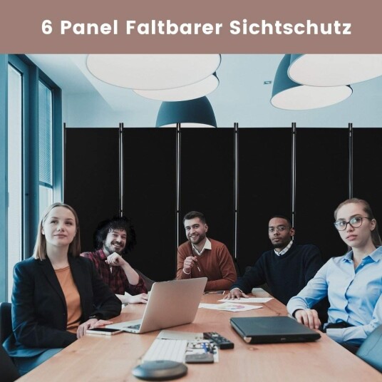 6 panels sammenleggbar romdeler med låsbare hjul – svart