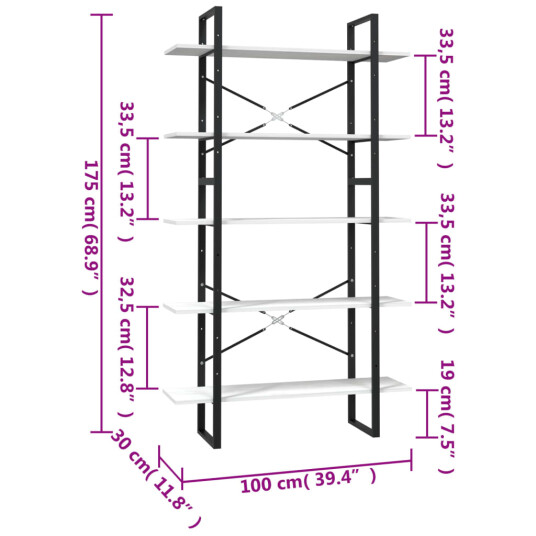 vidaXL Bokhylle 5 niv?er 100x30x175 cm furu hvit
