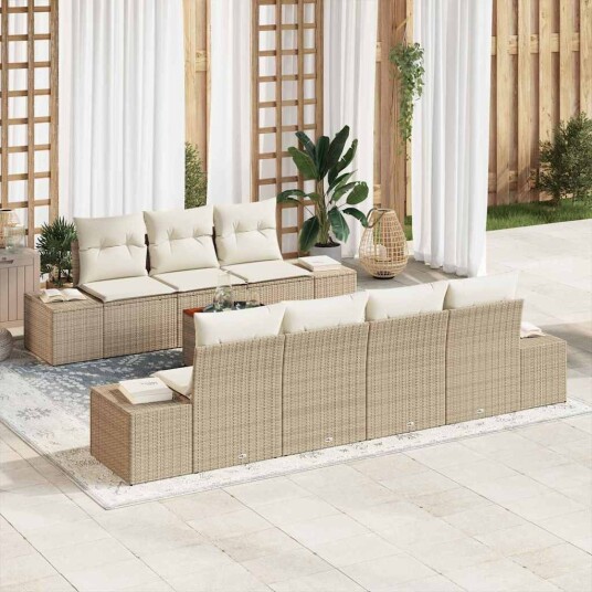 8-delt hagemøbelsett med puter i beige poly rattan fra akasie