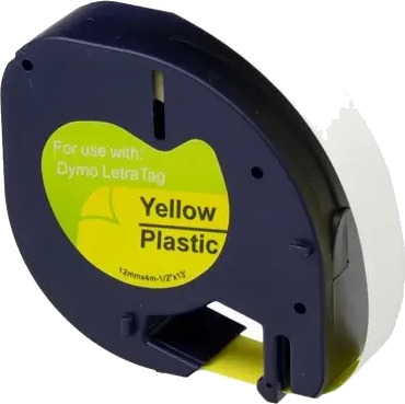 TB 91222 LT Label Plast Sort på Gul 12mm (4m) erstatter Dymo S0721670