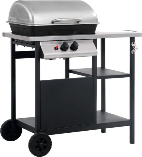 Gassgrill med sidebord i 3 etasjer svart og sølv