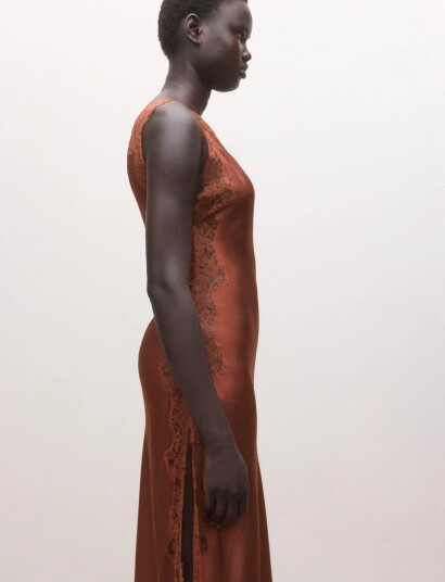 Mango Asymmetric Satin Lace Dress Orange L Mango Asymmetric Satin Lace Dress Orange L