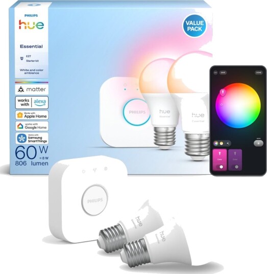Philips Hue White And Color Ambiance Essential Starter Kit   Led Lyspære   Form: A60   E27   8 W Ekvivalent 60 W   Klasse F   16 Millioner Farger   2200 6500 K   Hvit En Pakke 2