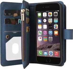 iPhone 6/7/8/SE (2020)/SE (2022) flipcover med stropp, lommebok og kortholdere - blå