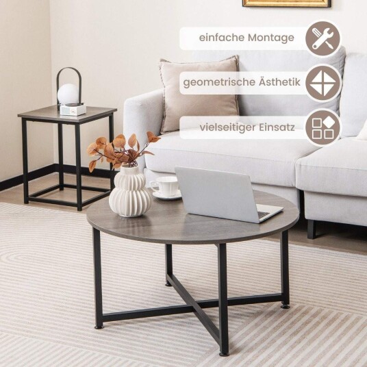 Sett med 3 salongbord med robust metallramme rundt salongbord og 2 firkantede sidebord grå